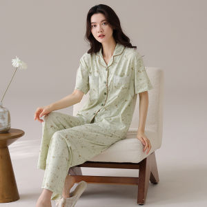 2026 Womens Pajamas New Summer Pajamas 100% Cotton Womens Pure Cotton Short-sleeved Trousers 2025 New Cardigan Can Be Worn Outside High-end Loungewear Set