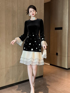 Elegant High Waist Midi Dress with Bell Sleeves round Neck Splicing Design New Original Design Wrap around Skirt for Women