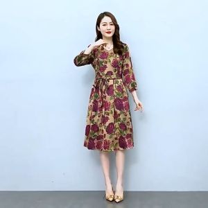 New Spring/Summer Flower Print Loose Long Sleeved V-neck Dress Large Size Elegant Over Knee Skirt