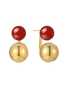 Retro Chinese Style High Rise Golden Bead Red Zircon Earrings New Year Fashion Atmosphere Trendy Red Ear Jewelry