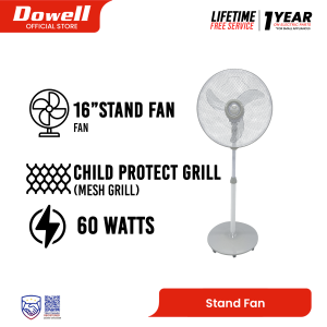 Dowell NEW 16-Inch Stand Fan with Child Protect Mesh Grill | 3-Leaf AS Banana Blade | Cool Gray | STF3-AS16MESH