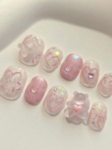 Transparent Pink Gradient Bear Butterfly Nail Art Short Wearing False Nails White Enhancing Cute Design Girls Heart