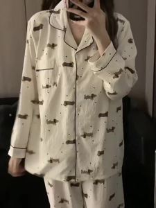 New Dot Letter Dog Print Kawaii Pajamas for Women Harajuku Style Sweet Cute Sleepwear Woman Spring Cartoon Pajamas Set Casual