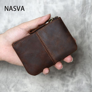 Crazy Horse Leather Wallet Mens Retro Zipper Short Wallet Simple Card Holder Casual Small Handbag NASVA