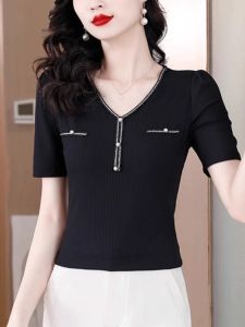WANGGONGZHU | Black Ice Silk Knitted Top Women Summer Thin Short Sleeve V-Neck T-Shirt Elegant Fashionable Casual Wear Princess Style