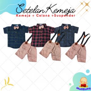 Little Gentleman: Setelan Kemeja Anak Bayi Kotak-Kotak Suspender Topi Benjamin