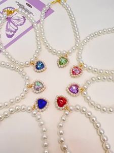 HamshMoc Pet Pearl Necklace Adjustable Heart-Shaped Gem Artificial Pearls Fashion Accessory for Cats Dogs