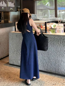 Contrast Color Stripes Sleeveless Vest Dress Womens Summer New Design Sense Exposed Back Long Skirt Waist-Tight Slim-Looking T-shirt Skirt