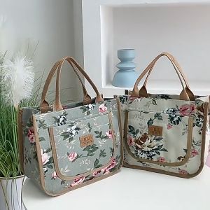 Flower Lunch Bag Japanese Cute Bucket-Shaped Canvas Handbag with Zipper Shopping Tote Bag