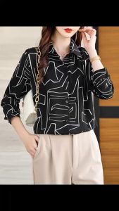 【STOCK】Korean womens geometric pattern color matching lapel long sleeve chiffon shirt  Large Womens Shirt