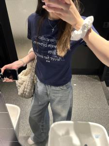 Retro American Short Sleeve T-Shirt Womens Slim Fit Short Cotton Pure Color Summer New Style Printed round Neck Top