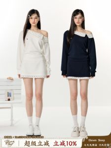 ELEVEN SLEEP Autumn Long Sleeve T-Shirt Womens Polka Dot Splice Design Gentle Korean Style Shoulder Bared Soft Comfortable Top