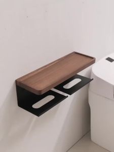 ที่วางม้วนกระดาษทิชชู่ แบบไม้เนื้อแข็ง ไม่ต้องเจาะรู สร้างสรรค์ สําหรับห้องน้ํา ชั้นวางของห้องน้ำสไตล์เรียบง่าย กันน้ำ ไม่เป็นสนิม ไม่ต้องเจาะผนัง