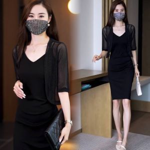 Upscale Womens Summer Mesh Hip Wrap Dress with Suspenders Easy Matching Half Open Collar Long Sleeves
