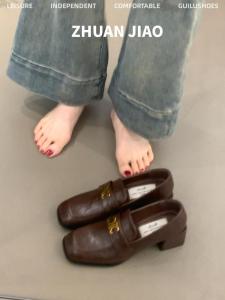 Version Goatskin! Retro Metal Buckle Small Leather Shoes Female Square Toe Thick Heel with British Style Loafers Slip-on Korean Style Shoes