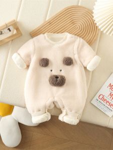 Baby Warm Fleece Lined Romper Outfit Autumn Winter High Waist Long Pants Thickened Sheepskin Cartoon Design Infant Clothes