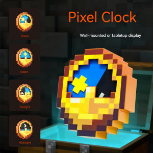 Bandai | 24/12-Hour Mosaic Clock High-Quality Pixel-Style Mc Annoying Villagers Game Clock Sun - Moon Swingable Clock Wall Desk Decor