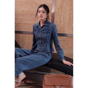 Flexible Cotton Denim Jacket Womens Design Sensation Retro Fashion Pageant Feeling Lace Hem Denim Coat Women Commute Style High Waist Type Long Sleeve Polo Collar Single Button Closure Pure Color
