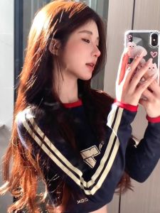 Chinese Fad Hong Kong Style Retro Stripes Shoulder Pure Cotton Long Sleeves T-Shirt Female Fall and Winter New Arrival Silm Stylish Chic Tops