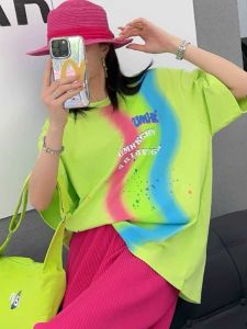 European Goods 2024 Summer New Arrival Fashion Color Graffiti Printing Short Sleeve Women's Loose Large Version Mid Length Long Length Anti-Aging Top