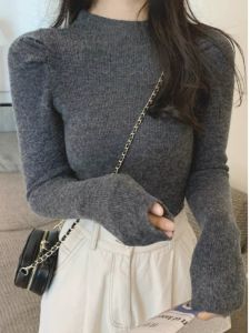 Womens Mid-Neck Velvet Knitted Top Bubble Sleeve Base Layer Shirt Half High Collar Sweater Autumn Winter New Style Commute Style