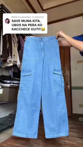 Trendy 6 Pockets Cargo Pants High Waist Jeans Wide Leg Pants Casual Baggy Pants Straight Pants Jeans For Women baggy pants for women Available 3 Colors Size 25-32