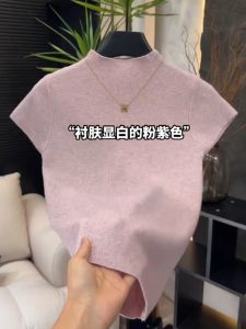 Elegant Knitted Top Womens Fashionable Versatile Short Sleeve Half High Collar Korean Style Solid Color Commute Style T-shirt
