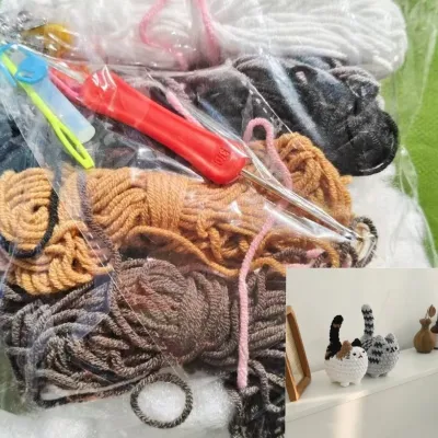 Handmade Yarn Crochet Cute Cat Doll Animal Kit BeginnerS Set Diy Material Kit Complete Knitting Kit Relieve Stress Holiday Gift