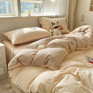 Washed Cotton Bedding Set Dormitory Male Model Pure Color Double Splice Four Piece Set Bed Sheet Cover Quilt Cover Three Piece Set