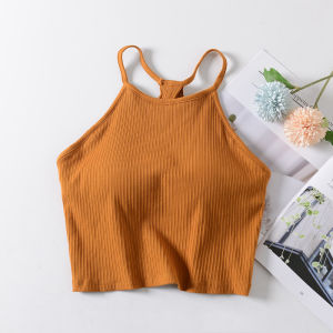 Summer Pure Cotton Pure Color Back Shaping Padded Simple Korean Style Crop Top Halterneck Inner Wear Spaghetti Straps Exercise Vest Bottoming Shirt