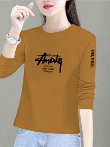 เสื้อยืดคอกลมแขนยาวผ้าฝ้ายแท้สำหรับผู้หญิง ทรงหลวม ทรงเข้ารูป แฟชั่นฤดูใบไม้ผลิและฤดูใบไม้ร่วง เสื้อเชิ้ตทรงเข้ารูป