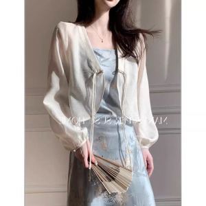New Chinese Style Sun Protection Clothing Womens Summer Chiffon Light Outer Wear Short Summer Cardigan Outwear Tencel Cheongsam Blouse