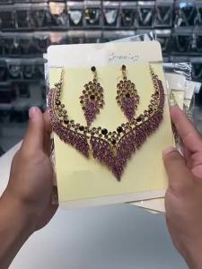 Champagne Crystal Statement Jewelry Set V-Neck Necklace Drop Earrings Bridal Wedding Prom Evening Party Glam Accessories