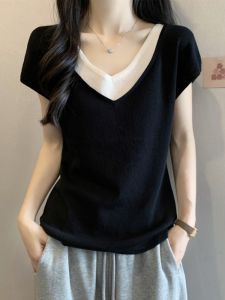 Plus Size Summer Fake Two-Piece Contrast Color V-neck Short Sleeve Ice Silk T-shirt Womens Plus Size Ladies Slim Looking Easiest for Match Belly Covering Base Tops