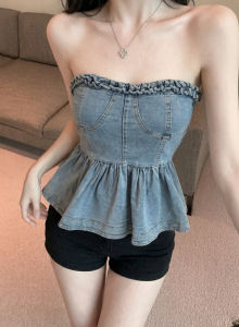 GUZILIAN | Off-Shoulder Denim Top with Ruffles