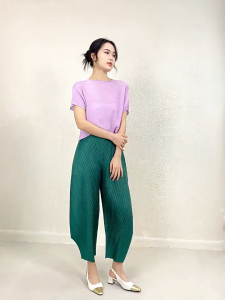 KESHANGYI Miyake Pleated Side Slit Ankle-Length Pants Women Korean Fashion Causal Loose Wide Leg Pants