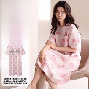 miiow | Pure Cotton Short Sleeve Sleepwear Womens Style Casual Home Clothes Cat Person Chest Pad Nightgown Summer 2025 New Gradient Design