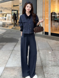 Fashionable Denim Set Womens Autumn New Design Splicing Long Sleeve Short Jacket Straight Leg Pants Casual Two-Piece Set