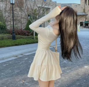 เดรสออกงาน แขนยาวเปิดไหล่ กระโปรงเย็บระบายเป็นชั้น ผ้าเด้ง ทิ้งตัว เดรสพีอาร์ ชุดใส่เที่ยวกลางคืน #9066