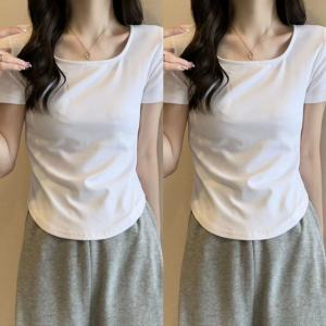 เสื้อยืดคอเหลี่ยมแขนสั้นผ้าโมดอลสำหรับผู้หญิงไซส์ใหญ่ ทรงเข้ารูป สีพื้น แฟชั่นฤดูร้อน เสื้อเชิ้ตฐานคอวี แขนสั้น ทรงเข้ารูป