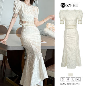 ชุดเซ็ท 2 ชิ้น ผญ เสื้อแขนพอง+กระโปรงหางปลา เดรสสีครีม เดรสทำงาน เดรสไฮโซ เดรสสั่งตัด เดรสออกงาน เดรสไปงานแต่ง 10521