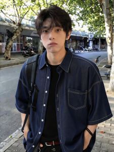 OUMULONG | Navy Washed Denim Shirt Male Five Quarter Sleeves