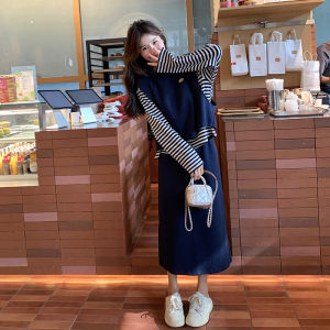 Olive Green Striped Sweatshirt Set Womens Autumn 2024 New College Style Anti-Aging Vest Mini Skirt Three-piece Set