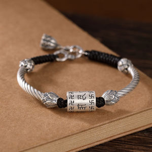 925 Sterling Silver Six Words Mantra Lucky Beads Heart Sutra Couple Bracelet Men and Women Hand-Woven Retro Style Carrying Strap Gift