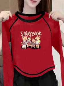 Fashionable Pure Cotton Long Sleeve Short Base Shirt Inner Wear Outerwear Trendy T-Shirt Korean Style Commute Creative Print