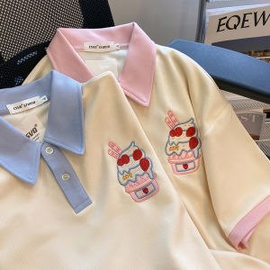 เสื้อยืดคอโปโลแขนสั้นลายปักดอกไม้สำหรับผู้หญิงในช่วงฤดูร้อน ทรงหลวม แขนสั้น คอกลม สไตล์ลำลอง เสื้อผ้าทำงาน