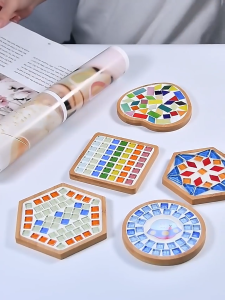 DIY Wooden Coaster Making Kit Craft for Kid Creative Mosaic Coaster Material Pack Handmade Cut Mat Christmas Birthday Gift