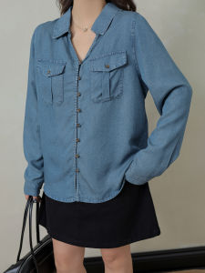 DM100 plus Size Denim Shirt Womens Casual Style Long Sleeve Slimming Effect Commute Friendly Layering Top Inner Wear