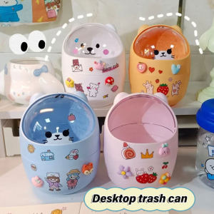 ตั้งโต๊ะในบ้านน่ารักสไตล์ Ins พร้อมฝาปิดถังขยะเล็กมินิ Kawaii ห้องนอนที่เก็บเอกสารโต๊ะกล่องที่วางปากกาให้สติกเกอร์