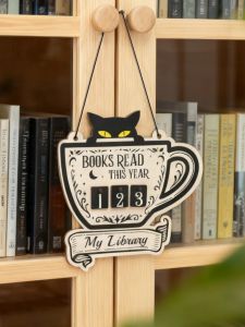 ป้ายติดผนังรูปแมวดำสำหรับติดตามหนังสือ พร้อมบล็อกนับจำนวน ของตกแต่งธีมห้องสมุดของฉัน สำหรับบ้านและสำนักงาน ของขวัญสำหรับห้องสมุด